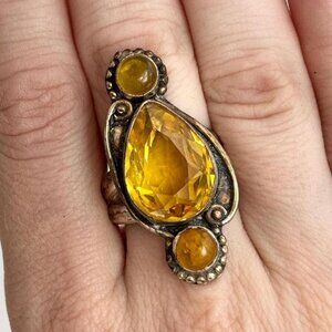 Southwest Style Sterling Silver Citrine Triple Teardrop Vintage Ring - sz 8.75